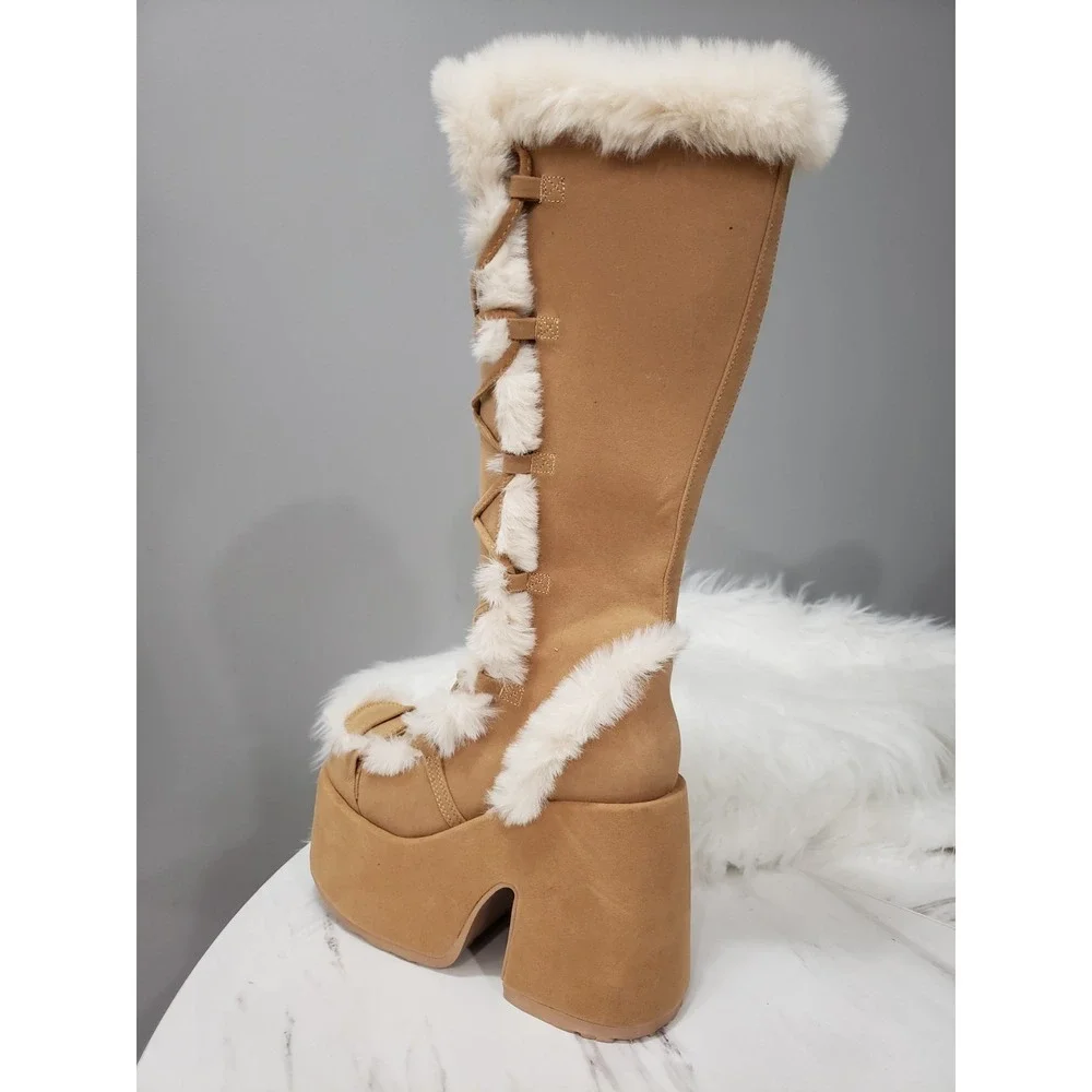 SIZE 8 DEMONIA CUBBY 311 Camel Platform Lace Up Fur Trim Mid Calf Boots RAVE